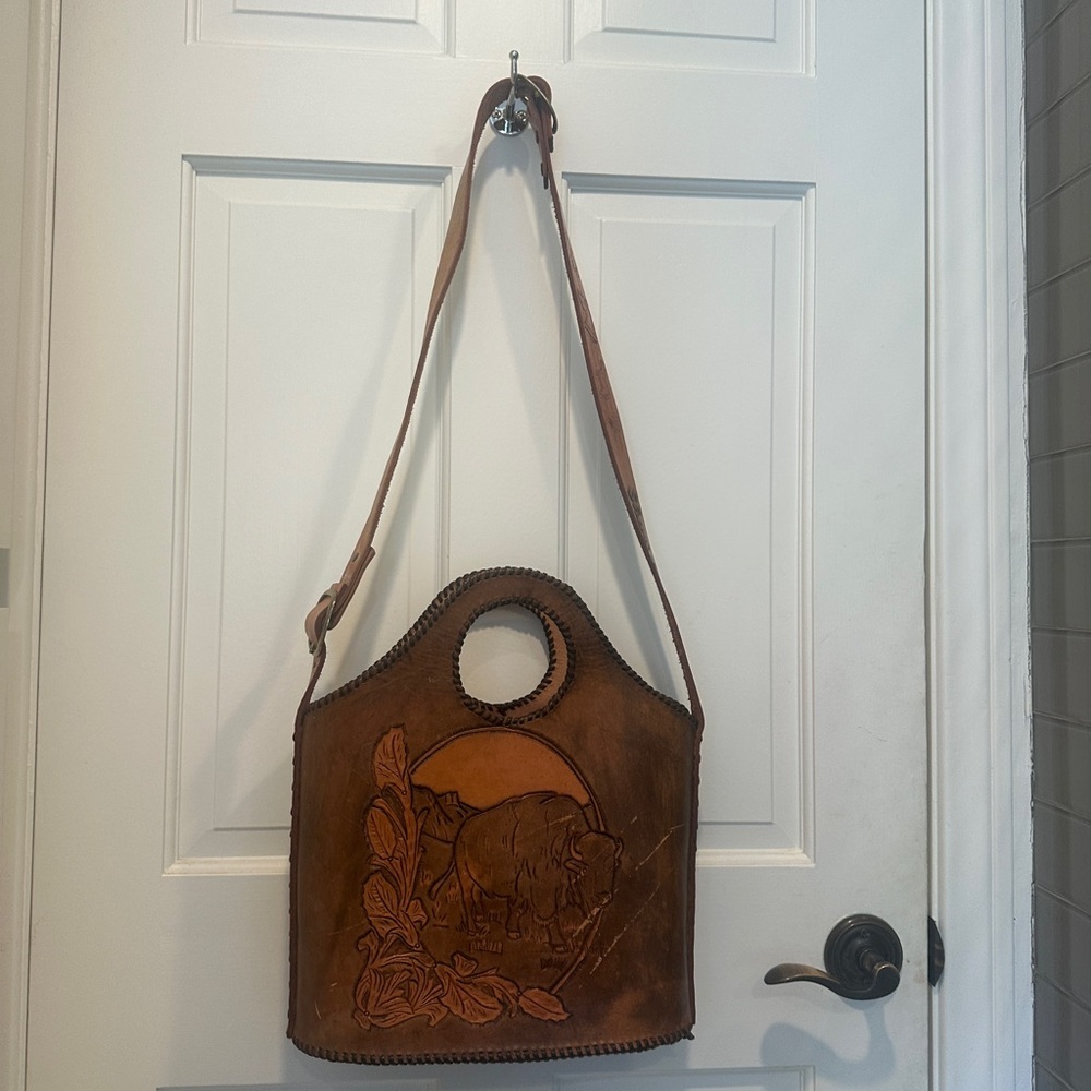 Vintage hand tooled leather bucket bag